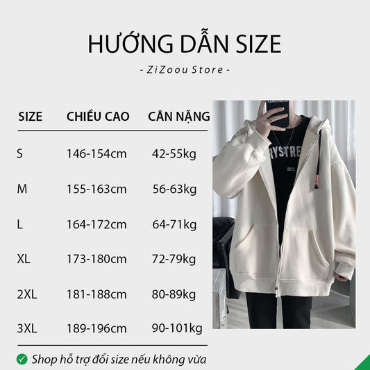 Hướng dẫn size cho áo khoác hoodie nam nữ theo chiều cao và cân nặng chuẩn, giúp chọn đúng size phù hợp với từng dáng người