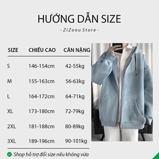 Bảng chọn size áo khoác hoodie nam nữ theo chiều cao và cân nặng, giúp hướng dẫn chọn đúng size phù hợp với từng dáng người