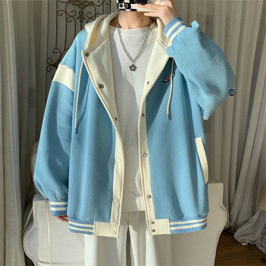 Áo khoác Nam Nữ cá tính oversize màu xanh trắng năng động, phong cách đường phố với nút bấm và mũ trùm dây rút, vải nỉ chất