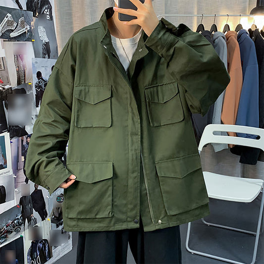 Áo Jacket Nam Nữ dáng rộng thời trang Hàn Quốc, phong cách street style cá tính, màu xanh rêu đậm, có bốn túi lớn phía trước