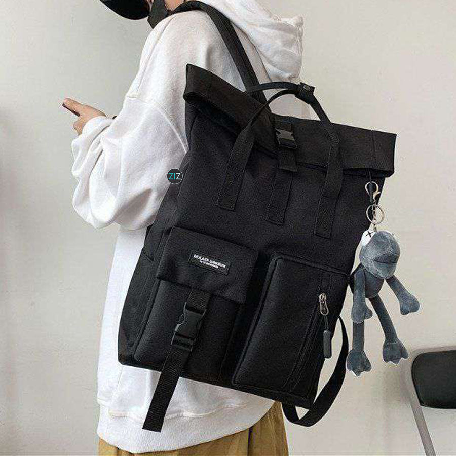 Balo Nam Nữ cá tính du lịch đi học, chống nước - Black Fold Double-Pocket Backpack