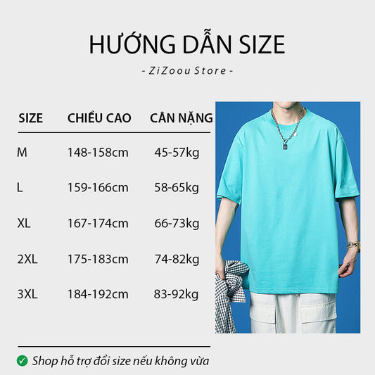 Hướng dẫn chọn size áo thun unisex rộng, màu xanh biển nhạt, tay ngắn, cổ tròn, dễ phối đồ, phong cách streetwear năng động