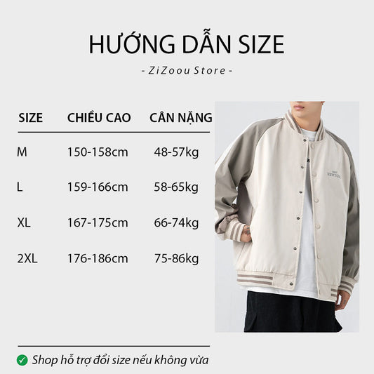 Bảng chọn size áo bomber khoác ngoài phong cách streetwear, chất liệu nhẹ chất lượng, bo cổ và tay áo co giãn, dễ phối đồ