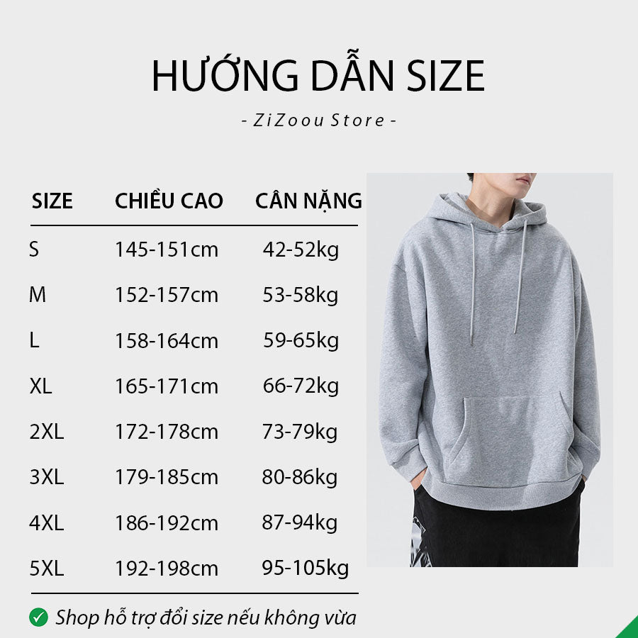 Bảng size áo hoodie - Hướng dẫn Nhanh gọn & Dễ hiểu cách chọn áo tại ZiZoou Store