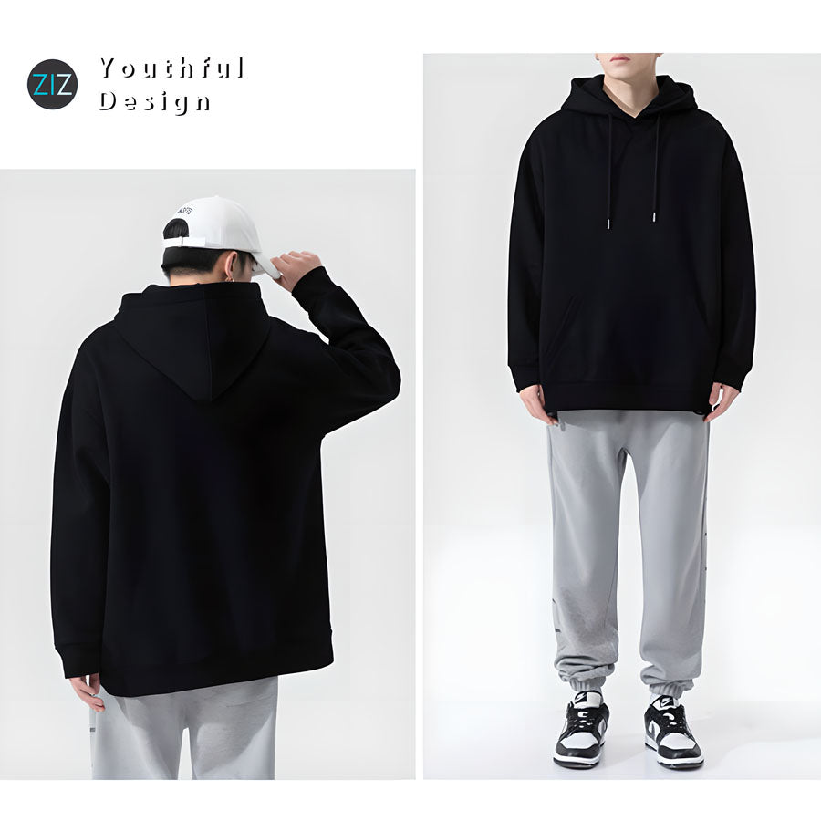 Hoodie đen phong cách streetwear chất ngầu, có mũ trùm, vải nỉ da cá mềm mại thoải mái, phối đồ với quần jogger và nón kết