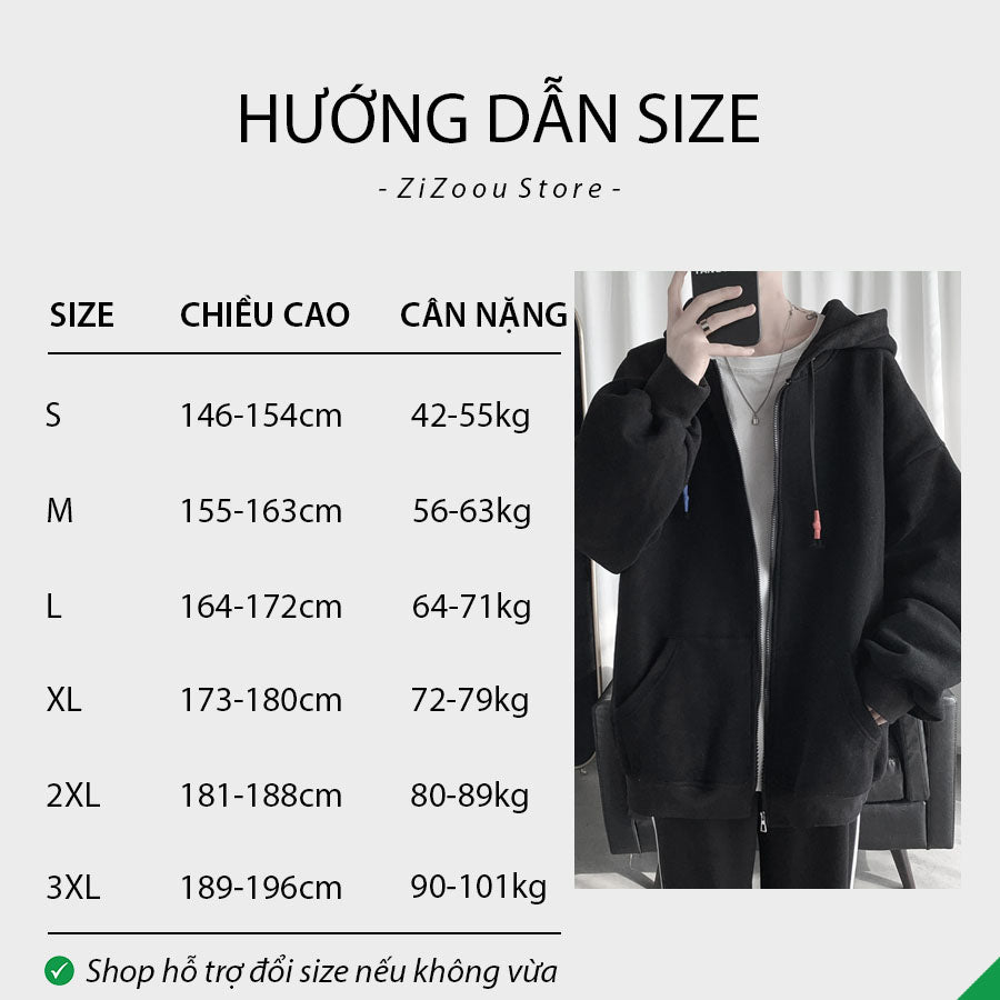 Áo khoác Hoodie Nam Nữ form rộng - Basic Oversize Zip-Up Hoodie in Black