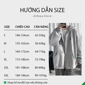 Bảng chọn size áo hoodie zip nam nữ theo chiều cao cân nặng chuẩn, giúp hướng dẫn chọn đúng size phù hợp với từng dáng người