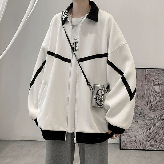 Áo khoác form rộng unisex oversize trắng sọc đen, thiết kế đường viền nổi bật, phù hợp nam nữ mặc dạo phố đến đi học, đi làm