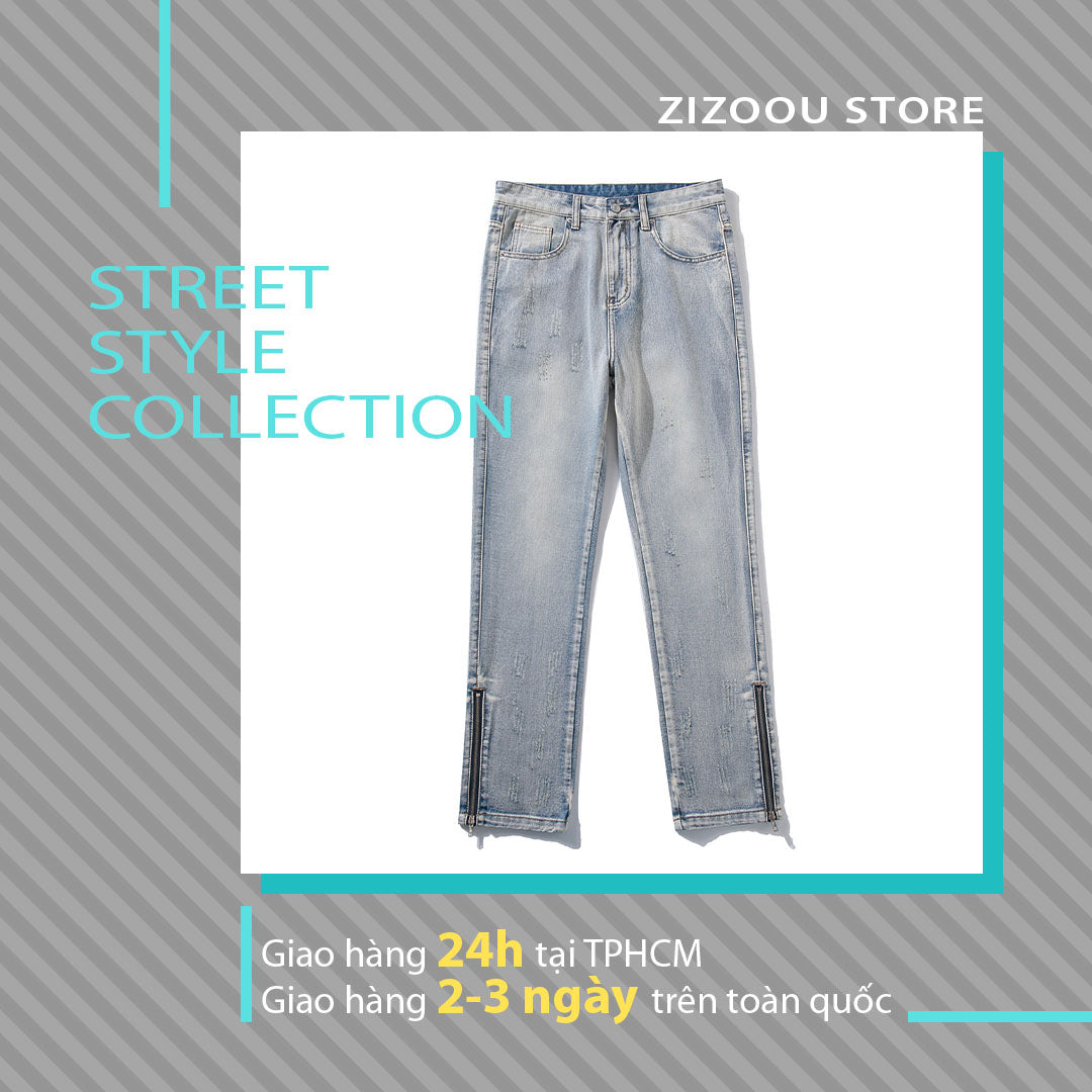 Quần Jeans Nam Nữ form vừa có khóa kéo zip cá tính - Zipper Sides Relaxed Jeans in Blue