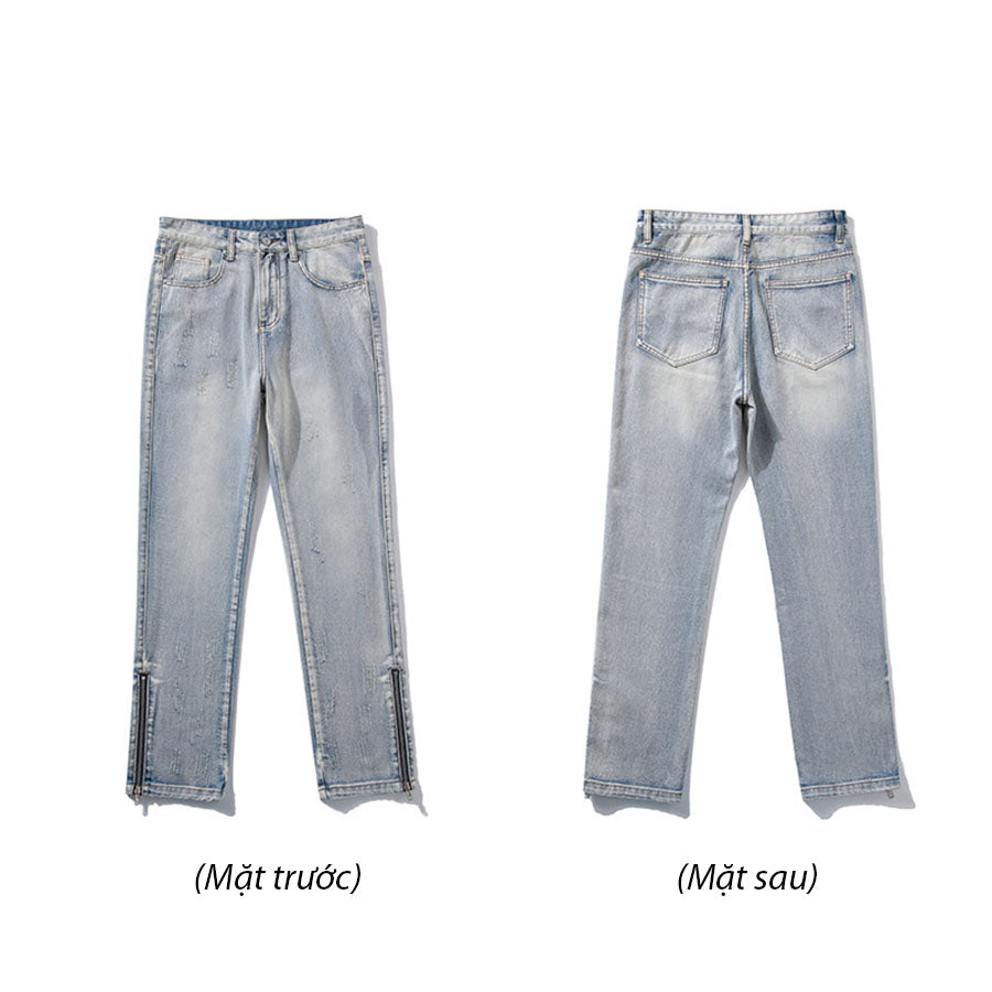 Quần jean xanh nhạt, chất denim, khóa kéo zip gấu quần ấn tượng, thích hợp cho học sinh, sinh viên, người đi làm và du lịch