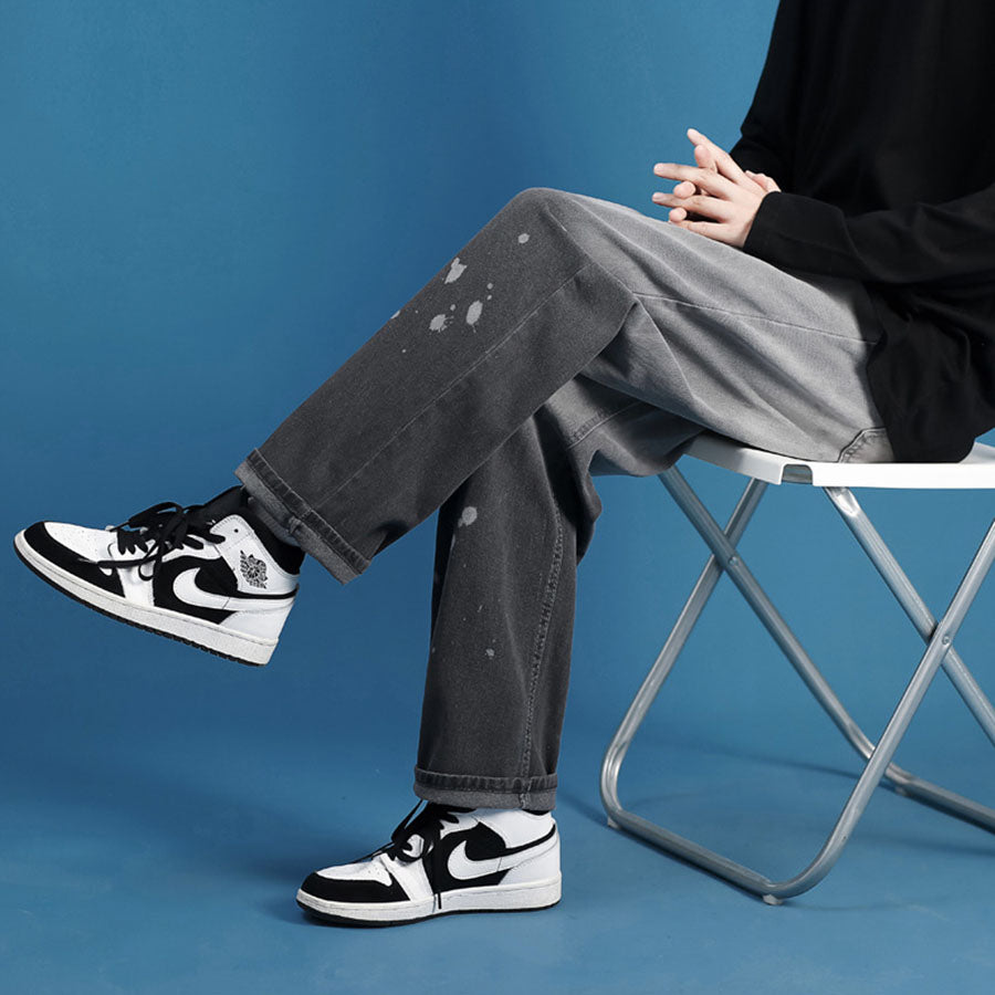 Quần jeans dáng rộng nam nữ unisex thời trang Hàn Quốc mới hot trend, kiểu màu loang xám đen và chi tiết sơn splash hiện đại