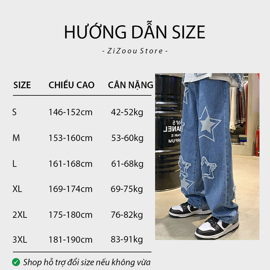 Quần Baggy Jeans Nam Nữ ống rộng cá tính - Stars Logo Baggy Jeans in Blue