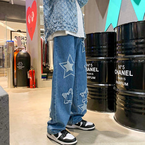 Quần Jeans Baggy Nam Nữ phong cách streetwear với họa tiết ngôi sao độc đáo, phối đồ mặc đi chơi, dạo phố, du lịch, đi học