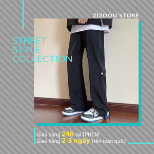 Quần suông Nam Nữ ống rộng streetwear, có đường xẻ tà và dây kéo zip tiện lợi, màu đen dễ phối đồ, chất liệu vải dù bền bỉ