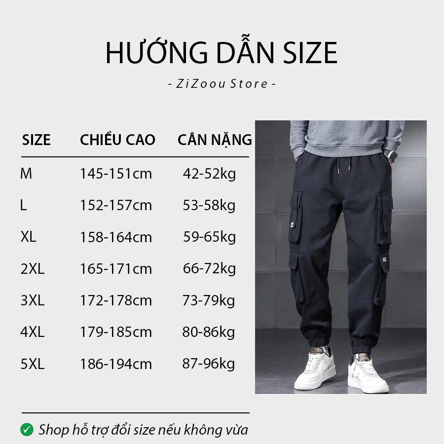 Bảng chọn size quần túi hộp form vừa dành cho nam và nữ, dựa theo chiều cao cân nặng giúp chọn đúng size phù hợp dáng người