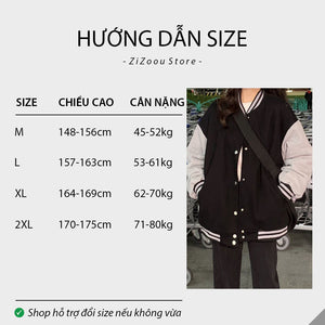 Bảng size chọn áo khoác thể thao varsity với chất liệu nỉ mềm, tay áo xám, bo viền sọc, tạo phong cách trẻ trung năng động