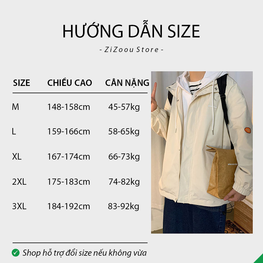 Bảng hướng dẫn size áo khoác dù nam nữ theo chiều cao và cân nặng chuẩn, giúp chọn đúng size phù hợp với từng dáng người