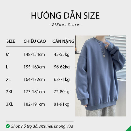 Bảng size thiết kế áo nỉ rộng rãi phù hợp phong cách unisex, dễ phối đồ và tạo sự thoải mái cho mọi hoạt động thường ngày