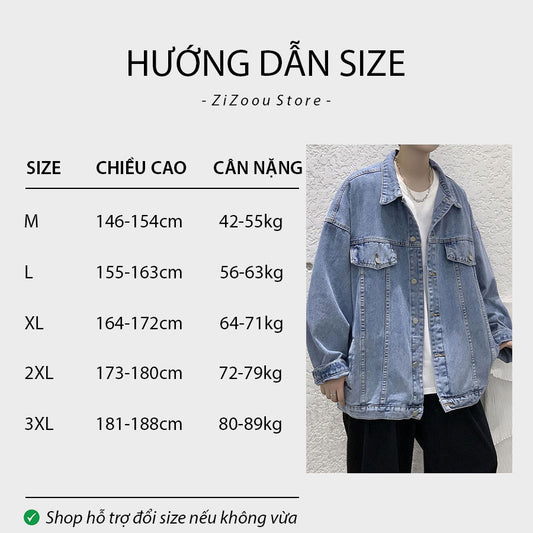 Bảng hướng dẫn size áo denim oversize trẻ trung, cổ bẻ, túi trước có nắp cài, phong cách thời trang đường phố và casual