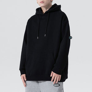 Hoodie unisex màu đen thiết kế đơn giản trơn suông, nam nữ phong cách casual, có mũ trùm và dây rút, túi kangaroo tiện lợi