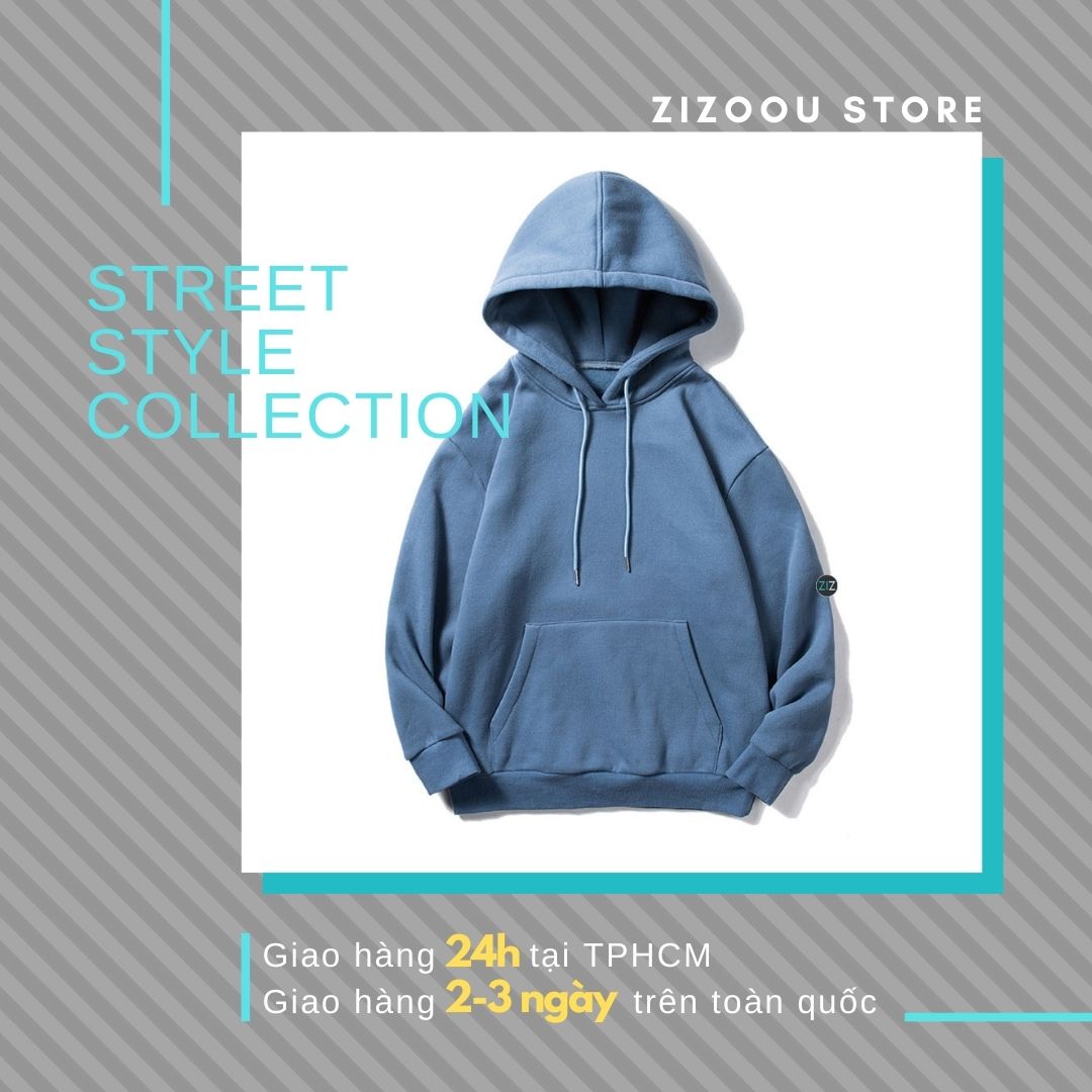 Hoodie nỉ unisex màu xanh, áo khoác trơn có túi trước và mũ trùm, hợp với học sinh, sinh viên, người đi làm, người du lịch