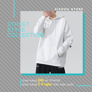 Áo hoodie trắng phong cách streetwear, phần mũ rộng có dây rút, chất liệu bền chắc, phù hợp nam nữ mặc đi học đi chơi đi làm