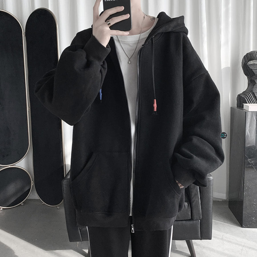 Áo Hoodie Nam Nữ form rộng màu đen trơn basic, dây khóa kéo zip chắc chắn, vải nỉ da cá, áo có mũ trùm và túi trước tiện lợi