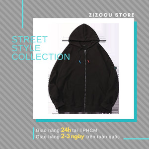 Áo khoác hoodie dáng rộng màu đen, khóa kéo tiện lợi, phong cách streetwear năng động, dễ phối đồ, thích hợp cả nam và nữ