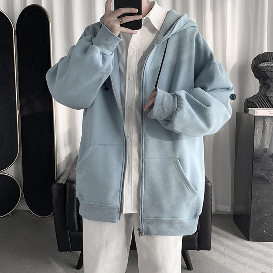 Hoodie oversize khóa kéo màu xanh pastel, chất liệu vải nỉ da cá mềm mại thoải mái, phong cách thời trang Hàn Quốc trẻ trung