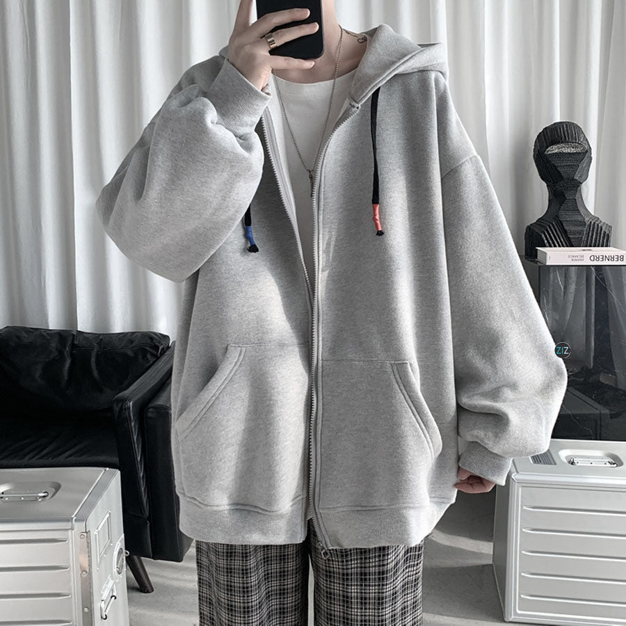 Áo Hoodie Nam Nữ form rộng thoải mái, phong cách unisex, chất nỉ da cá mềm mại, dây kéo zip tiện lợi, màu xám dễ phối đồ