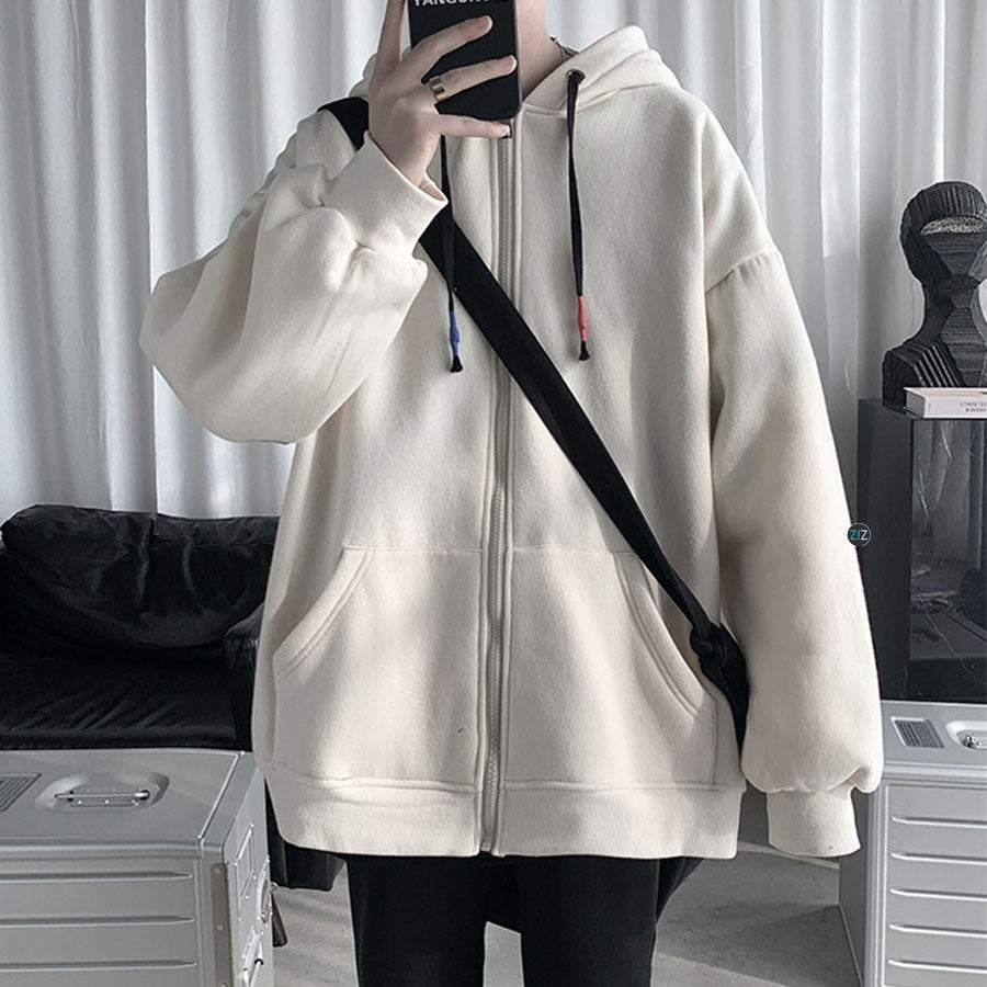 Hoodie đẹp oversize màu kem, form rộng, chất vải nỉ cotton da cá thoải mái, thiết kế túi trước tiện lợi, mặc đi học, đi làm