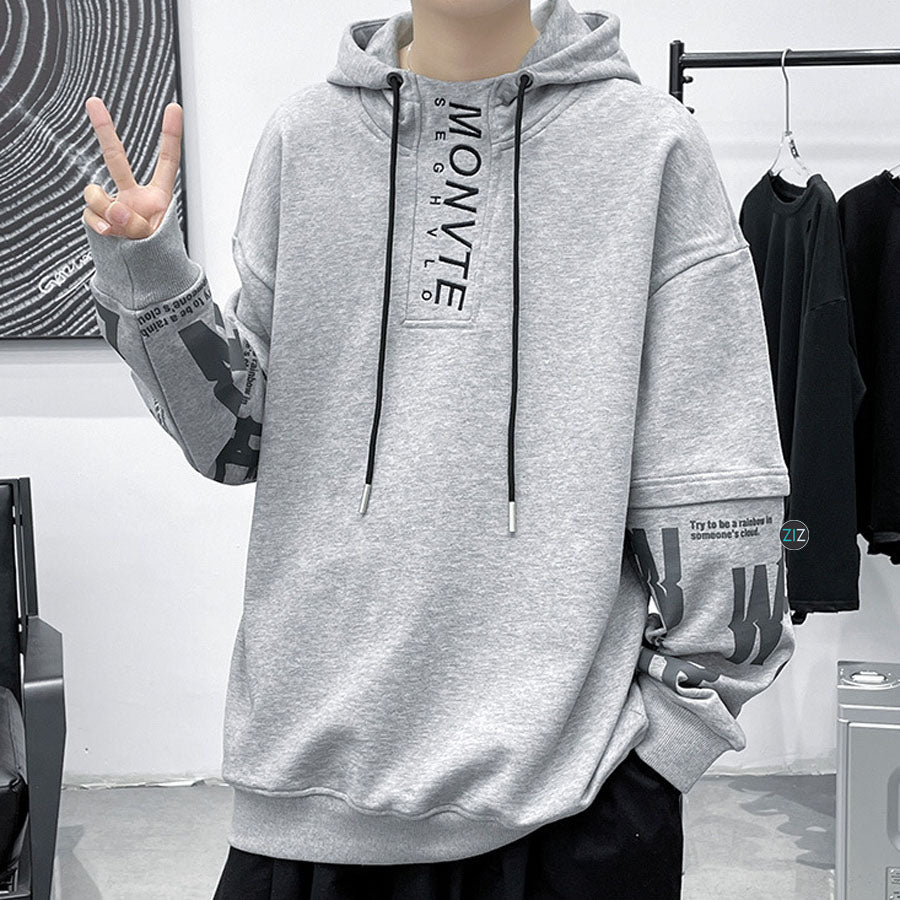 Áo Hoodie màu xám kiểu dáng rộng nam nữ unisex, chữ in tạo điểm nhấn, chất vải thoáng mát, thích hợp mặc đi học, dạo phố