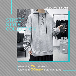 Hoodie bo viền chắc chắn, màu xám nhạt, họa tiết in chữ phong cách riêng, thiết kế form rộng, vải mềm tạo cảm giác thoải mái