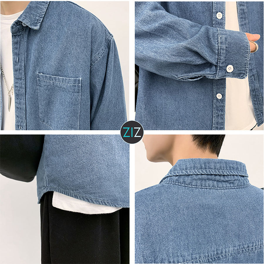 Sơ mi denim phong cách unisex, chất liệu dày dặn, cổ bẻ thanh lịch, phối áo phông trắng mang vẻ ngoài trẻ trung, hiện đại