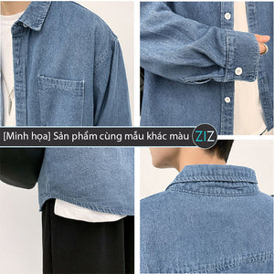Áo khoác denim cổ sơ mi, thiết kế rộng rãi thoải mái, dễ phối đồ, phù hợp với thời trang casual và street style đường phố