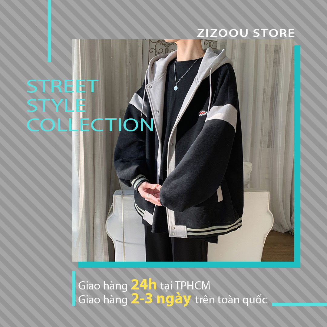 Áo khoác form rộng oversize có mũ, màu đen sọc trắng, có cúc bấm tiện lợi, thiết kế trẻ trung phong cách đường phố cá tính