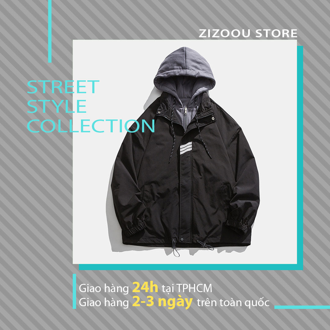 Áo khoác dù nam oversize, thiết kế khóa kéo tiện lợi, tay bo thun chống gió, có nón trùm, chi tiết sọc trắng nổi bật, dễ mặc