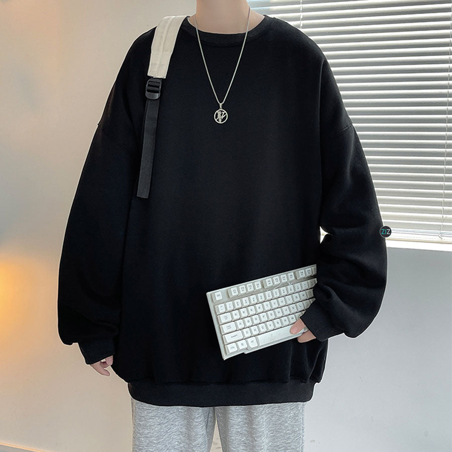 Áo khoác Sweater Nam Nữ oversized đen, dài tay, cổ tròn, thiết kế áo trơn basic, phong cách streetwear thoải mái, dễ phối đồ