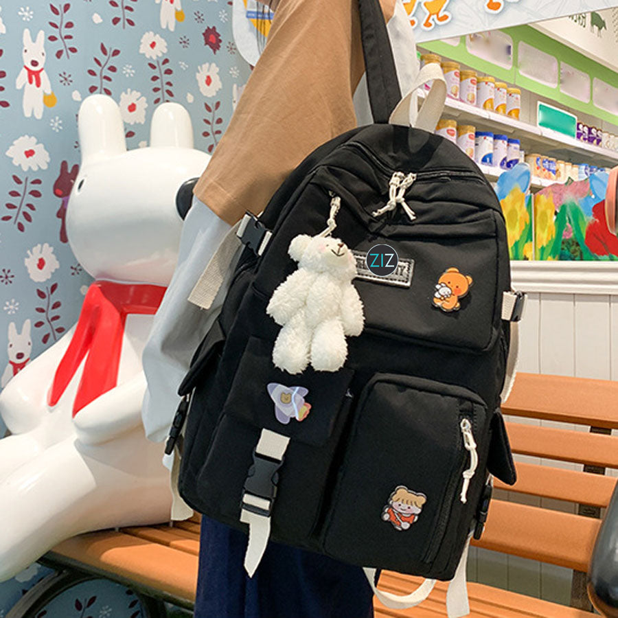 Balo cute Nam Nữ đi học du lịch đi chơi, chống nước - Japanese Style MultiBox Backpack - All Black Version - ZiZoou Store - Streetwear
