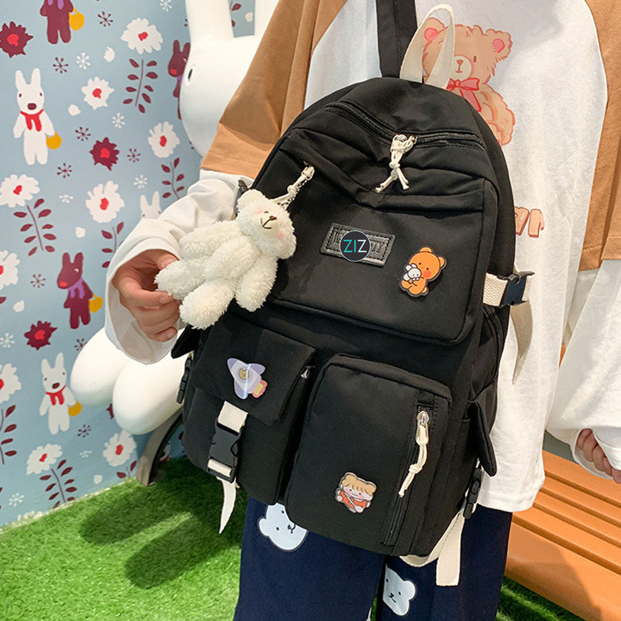 Balo cute Nam Nữ đi học du lịch đi chơi, chống nước - Japanese Style MultiBox Backpack - All Black Version - ZiZoou Store - Streetwear