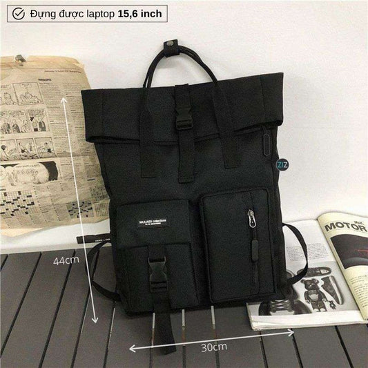 Balo Nam Nữ cá tính du lịch đi học, chống nước - Black Fold Double-Pocket Backpack