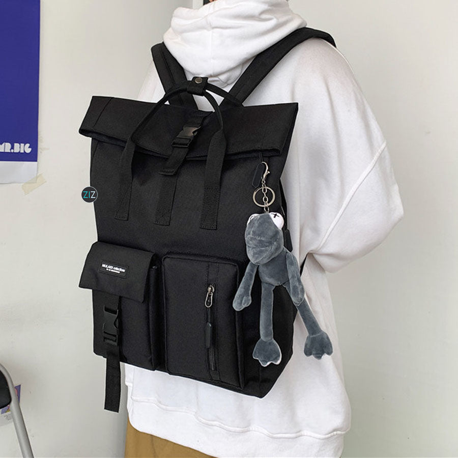 Balo Nam Nữ cá tính du lịch đi học, chống nước - Black Fold Double-Pocket Backpack
