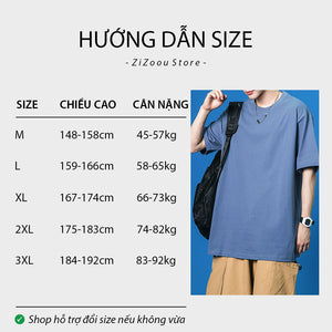 Bảng size chuẩn cho áo thun oversized unisex, chất vải cotton thoáng mát, thiết kế áo trơn cổ tròn basic, dễ dàng phối đồ