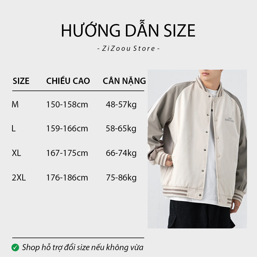 Bảng chọn size áo bomber khoác ngoài phong cách streetwear, chất liệu nhẹ chất lượng, bo cổ và tay áo co giãn, dễ phối đồ
