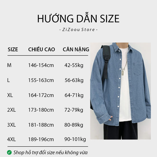 Bảng size áo sơ mi denim xanh cổ bẻ tay dài, thiết kế unisex form rộng phù hợp mặc quanh năm, phong cách đường phố năng động