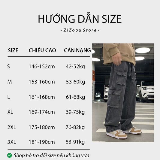 Quần Jeans Baggy túi hộp Nam Nữ ống rộng suông - Cargo Box Baggy Denim in Black