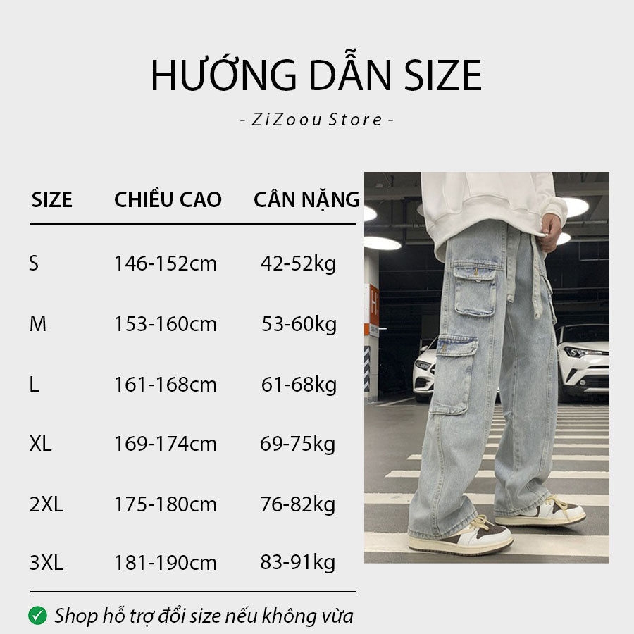 Quần Jeans Baggy túi hộp Nam Nữ ống rộng suông - Cargo Box Baggy Denim Classic Blue