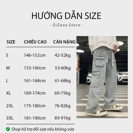 Hướng dẫn chọn size quần jean túi hộp ống rộng cho nam và nữ theo chiều cao cân nặng, giúp chọn được mẫu phù hợp dáng người