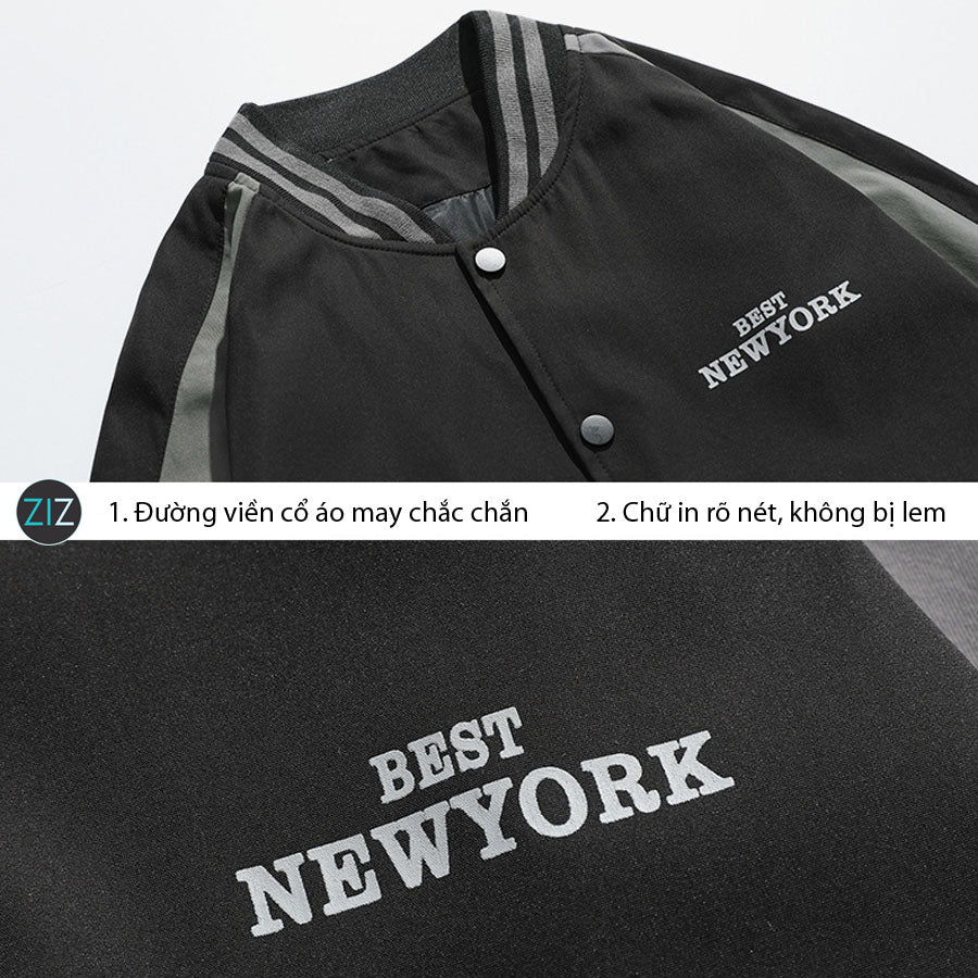 Bomber Jacket Nam Nữ đen xám, vải cao cấp bền, logo New York, cổ và gấu bo, tạo sự phá cách phong cách thời trang streetwear