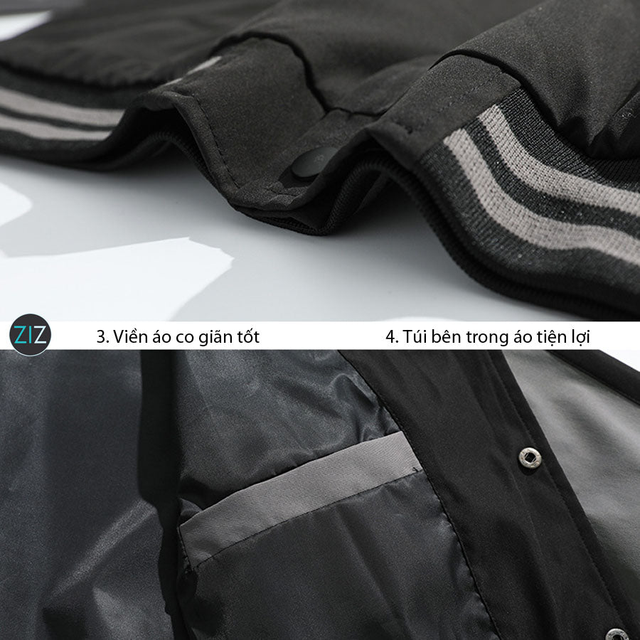 Áo khoác varsity phong cách thể thao, phối màu đen xám tương phản, vải dày 2 lớp, thích hợp mặc dạo phố và khi trời se lạnh